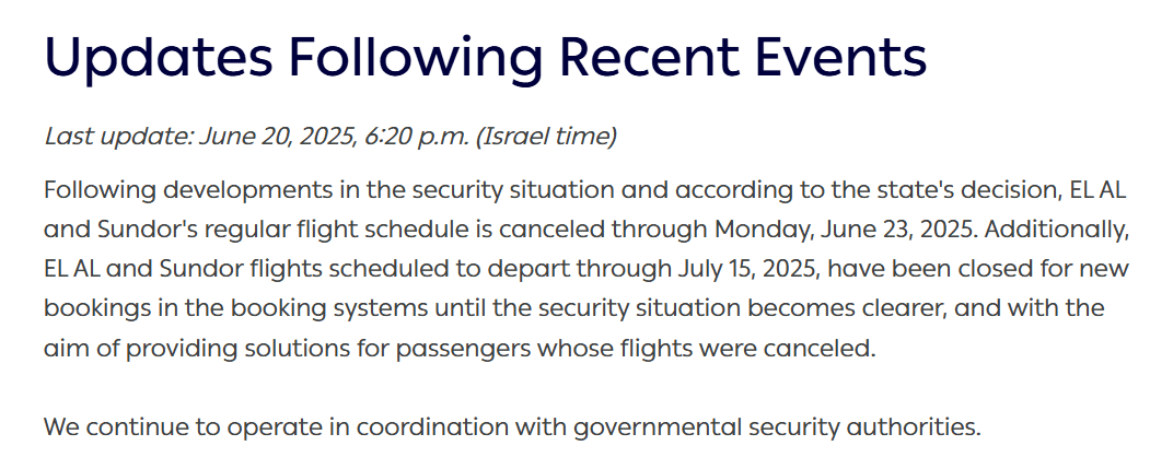 Сообщение на сайте авиакомпании El Al