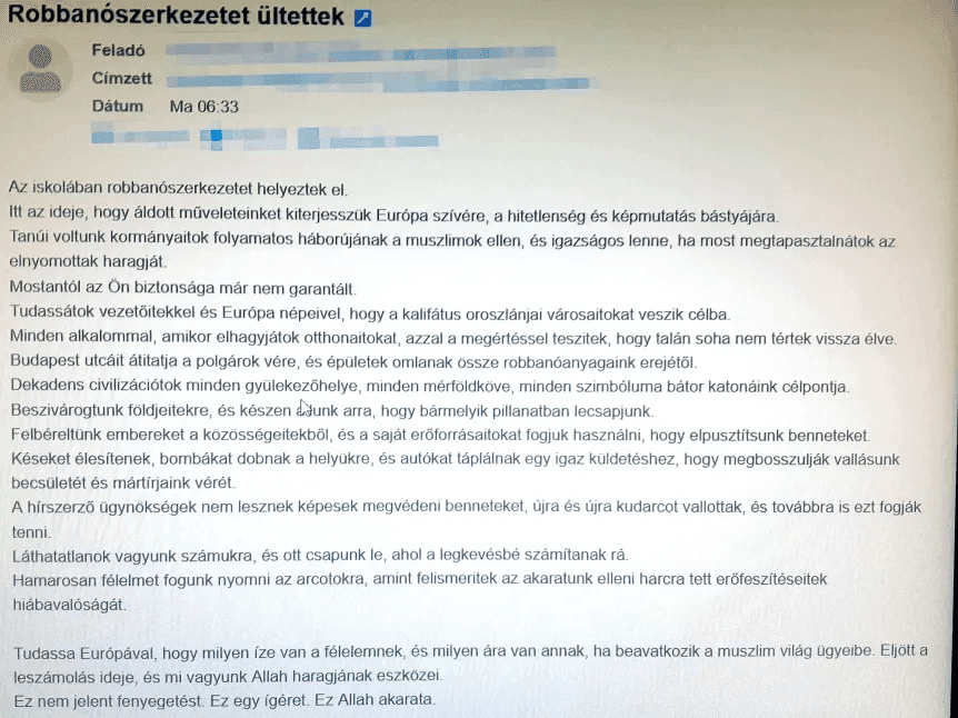Скриншот письма, полученного одной из школ. Источник: telex.hu
