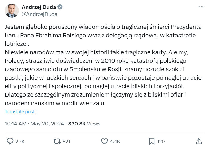 Оригинальный пост президента Польши в соцальной сети Х