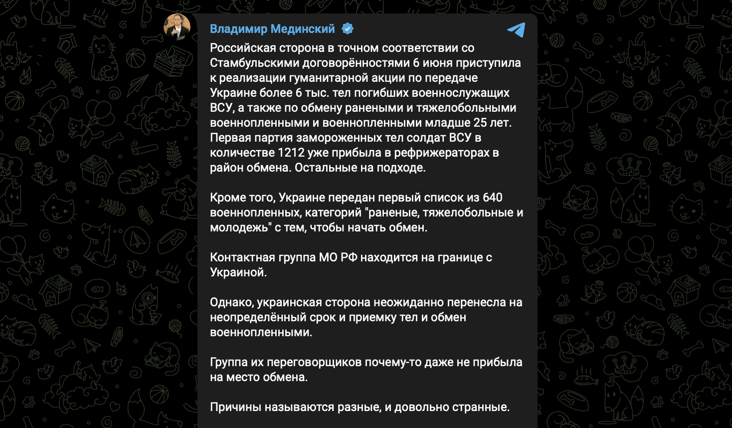 Скриншот: Telegram-канал Владимира Мединского